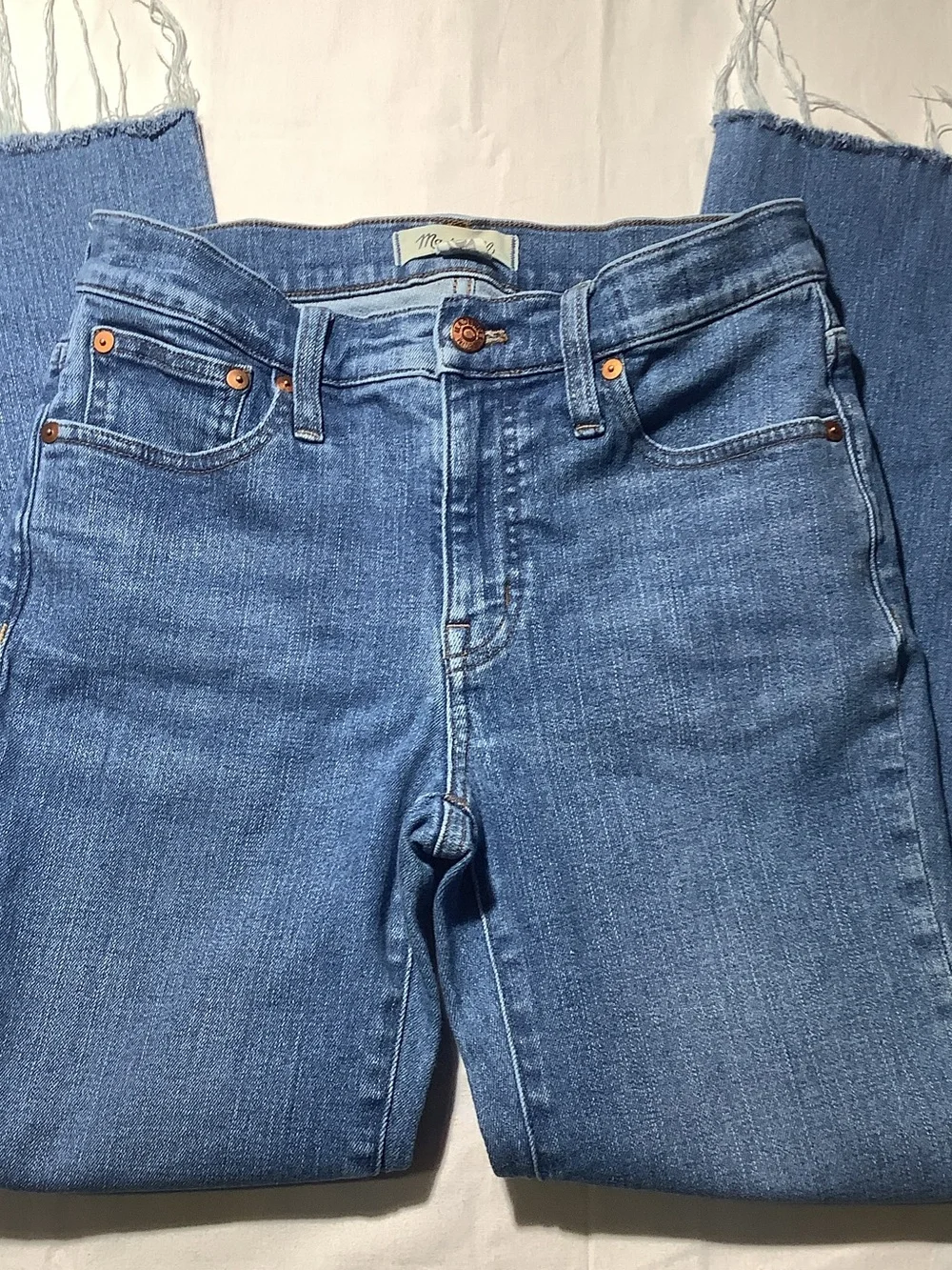 Madewell Medium Blue Mid Rise Kick Out Frayed-Hem Jeans